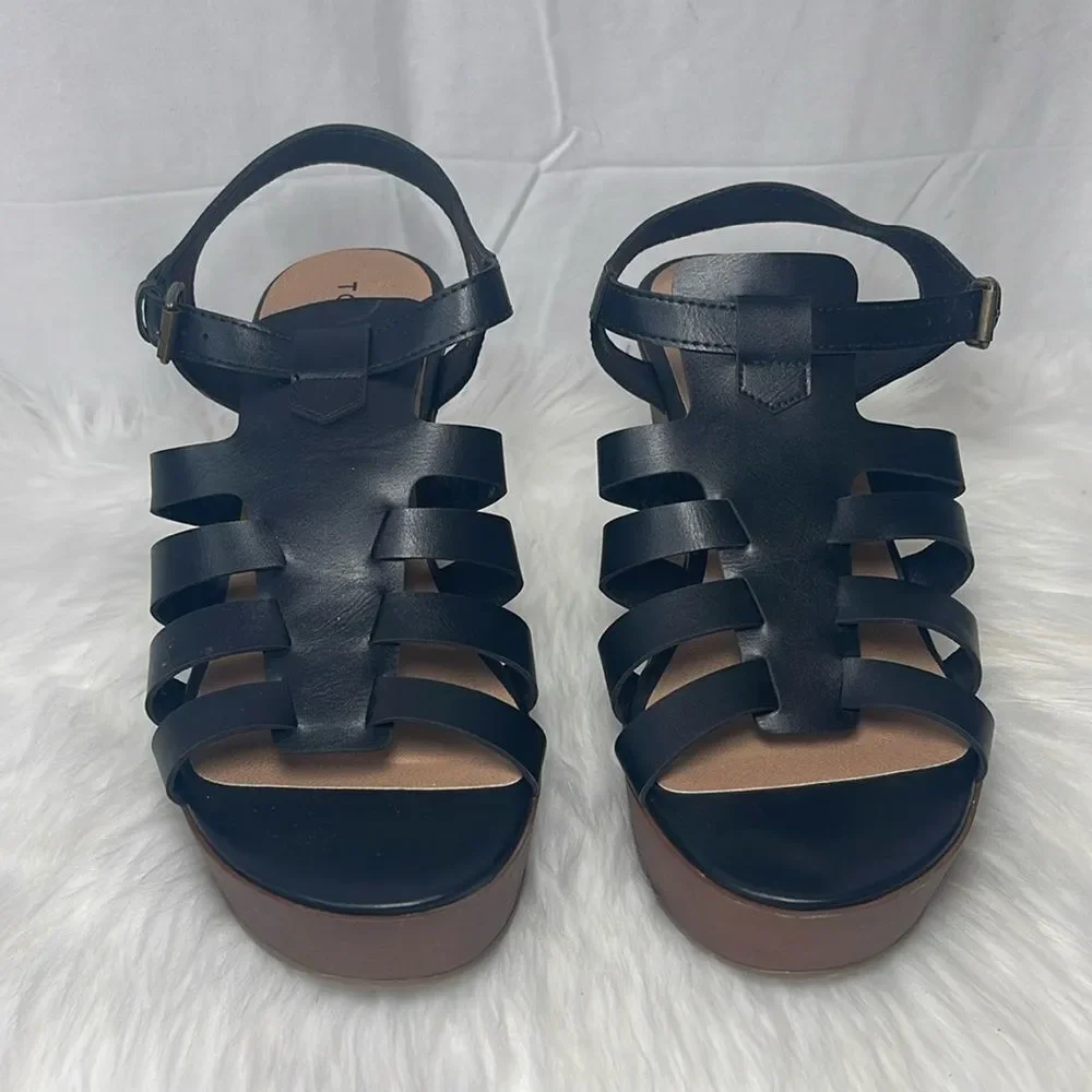 Torrid Black NWT Faux Leather Fisherman Wooden Wedge‎ Platform Sandals Sz 12WW